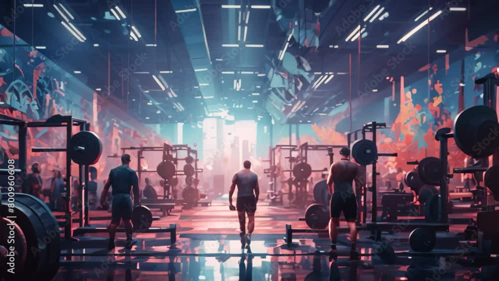 A man stands in a gym surrounded by various exercise machines, Vibrant gym filled with bodybuilders lifting weights A man stands in a gym surrounded by various exercise machines, Vibrant gym filled with bodybuilders lifting weights