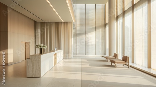 Modern Minimalist Reception Area with Neutral Tones AI Generated.