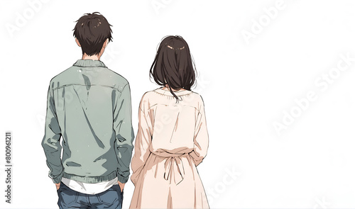 Couple standing in a back view, white background. Anime-style illustration art.