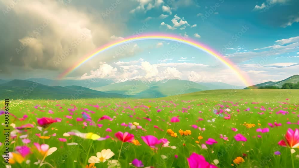 Rainbow in Sky Over Field of Flowers, Natures Spectacular Color Show, A brilliant rainbow over a blooming meadow Rainbow in Sky Over Field of Flowers, Natures Spectacular Color Show, A brilliant rainbow over a blooming meadow