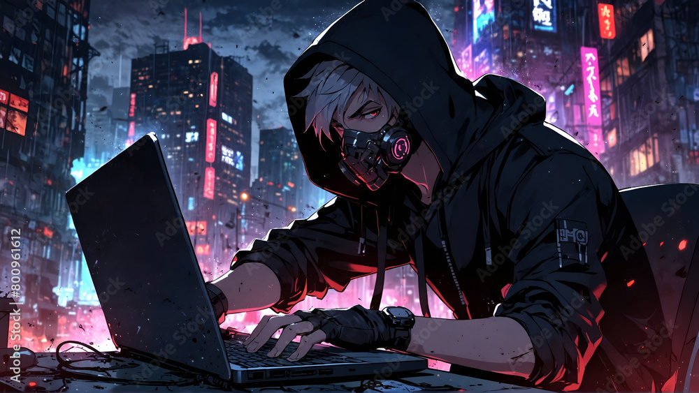 Anime-style illustration of a hacker wearing a mask, typing on a laptop. Anime-style illustration of a hacker wearing a mask, typing on a laptop.