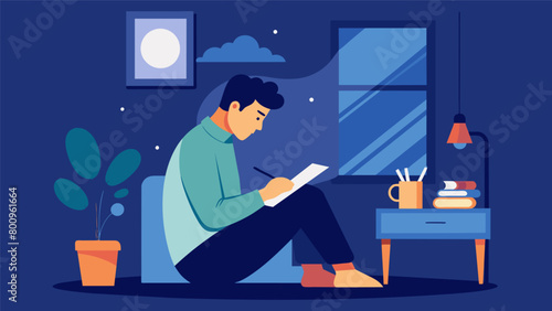 In a cozy corner of his bedroom the man reflects on his day as he writes in his journal finding solace in the process..