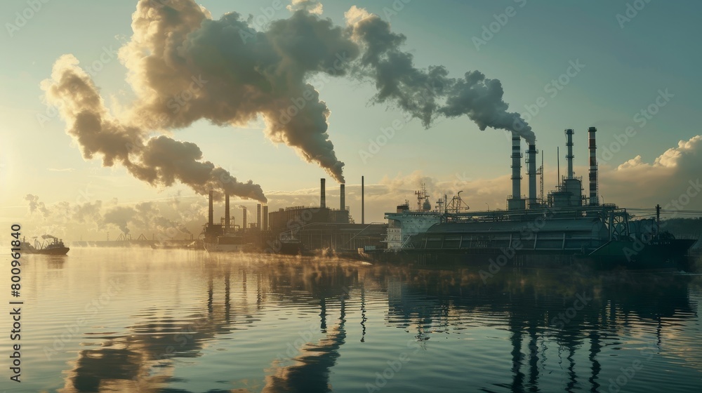 Dawn over Industrial Waterfront, Highlighting the Dual Challenges of Urbanization and Climate Change Dawn over Industrial Waterfront, Highlighting the Dual Challenges of Urbanization and Climate Change