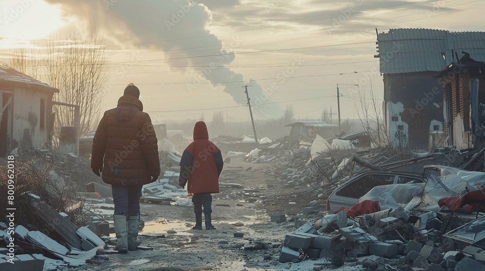 Family Trekking through Snowy Wreckage, Visual Metaphor for Climate Migration, Engaging for Public Awareness