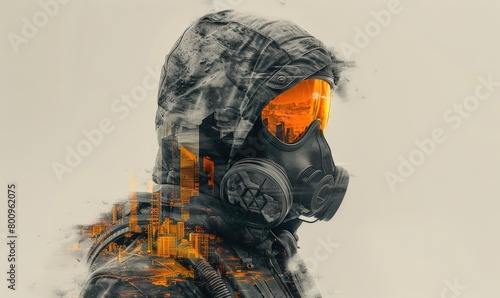 A man in a hoodie and gas mask filled with a city scene. Double exposure photography