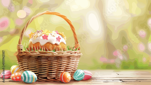Wicker basket with delicious Easter cake on table Vector