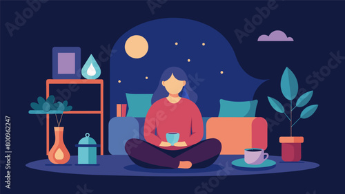 A person creating a calming and safe space in their home with soft lighting comfortable pillows and blankets and relaxing scents.. Vector illustration