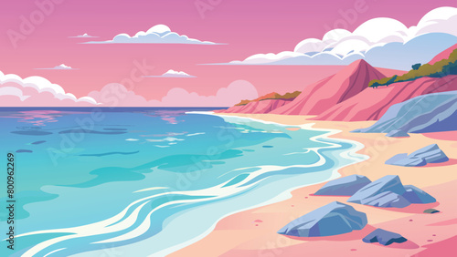 Scenic pink sunset at a tranquil beach, vector cartoon illustration. photo