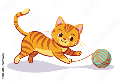 Playful orange kitten with a ball of yarn, vector cartoon illustration.