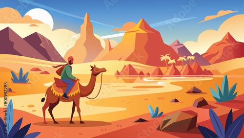 Man riding a camel in the desert landscape, vector cartoon illustration.