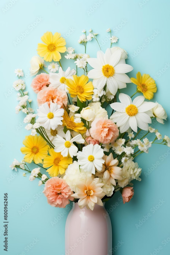 Fresh spring flowers on a pastel background, upper half empty for copy space