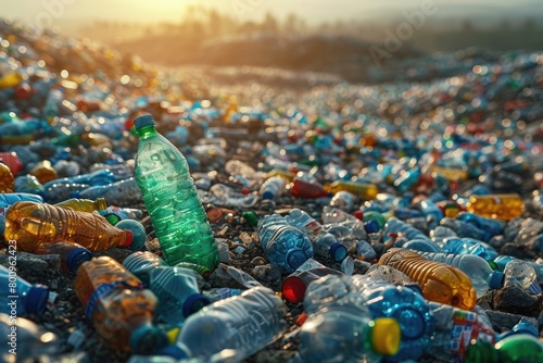 Heap Of plastic bottles Tossed Into Landfill. Environmental pollution. Plastic bottles, thrown away by a man, lie on the ground in the forest for a long time. Garbage heaps in nature after man photo
