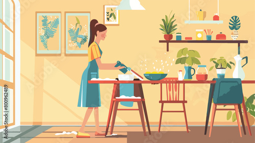 Woman cleaning table in room closeup Vector style vector
