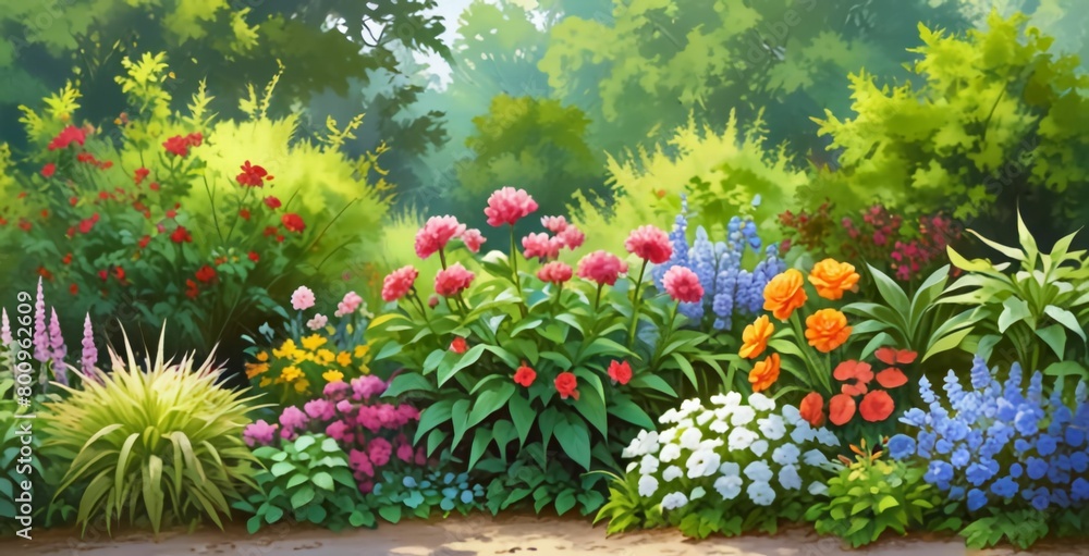 Summer garden border painting nature outdoors.Ai generative Summer garden border painting nature outdoors.Ai generative