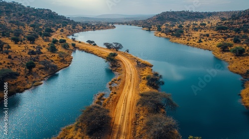 Aerial View of River and Dirt Road. Generative AI photo