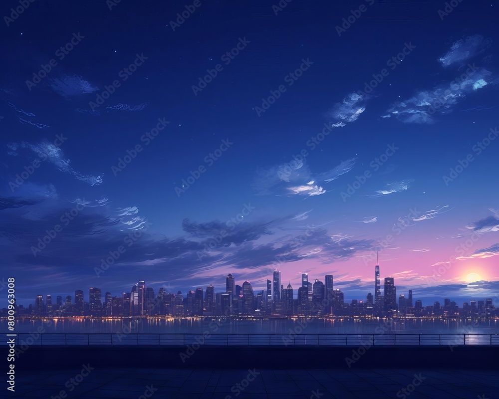 City skyline at dusk with lights, sky above providing ample space for text