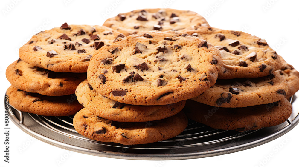 A pile of chocolate chip cookies overflows a metal plate A pile of chocolate chip cookies overflows a metal plate