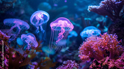 A group of jellyfish are swimming in a blue ocean. The jellyfish are mostly pink and white, and there are some orange fish swimming near them. There are also some pink and white coral reefs in the bac © muheeb