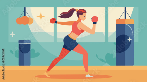 A woman solo in front of a mirror perfecting her technique as she exees a series of jabs crosses and hooks in a gym kickboxing class.