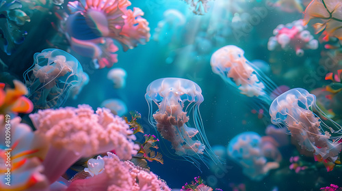 A group of jellyfish are swimming in a blue ocean. The jellyfish are mostly pink and white, and there are some orange fish swimming near them. There are also some pink and white coral reefs in the bac photo