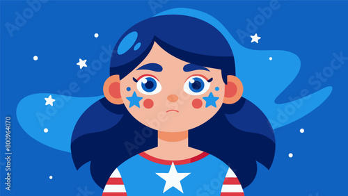 A little girl with a serious expression as she gets a shimmering blue background painted on her face anticipating the addition of white stars to. Vector illustration