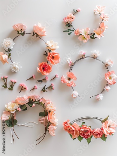 DIY craft tutorial image showing the stepbystep creation of a flower crown, each stage captured on a clean white surface photo