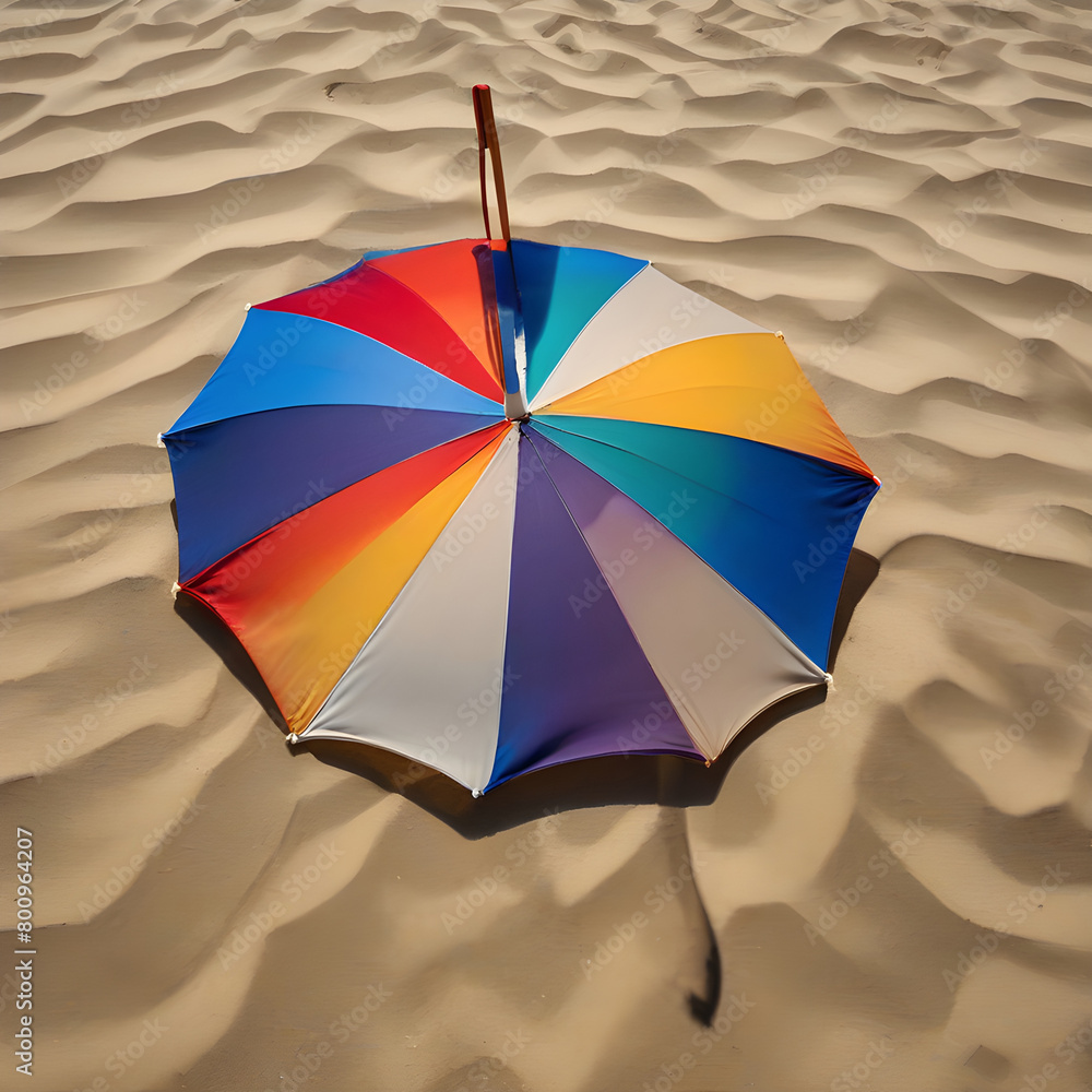 colorful beach umbrella with a cool patch of shade on the hot sand