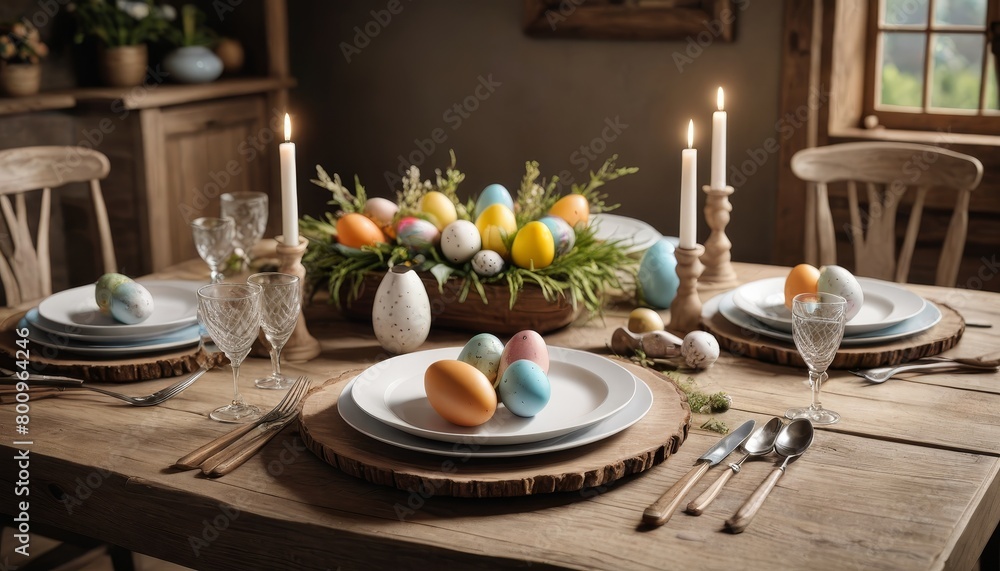 Elegant Springtime Dining Table Arrangement With Easter Decorations and Natural Elements