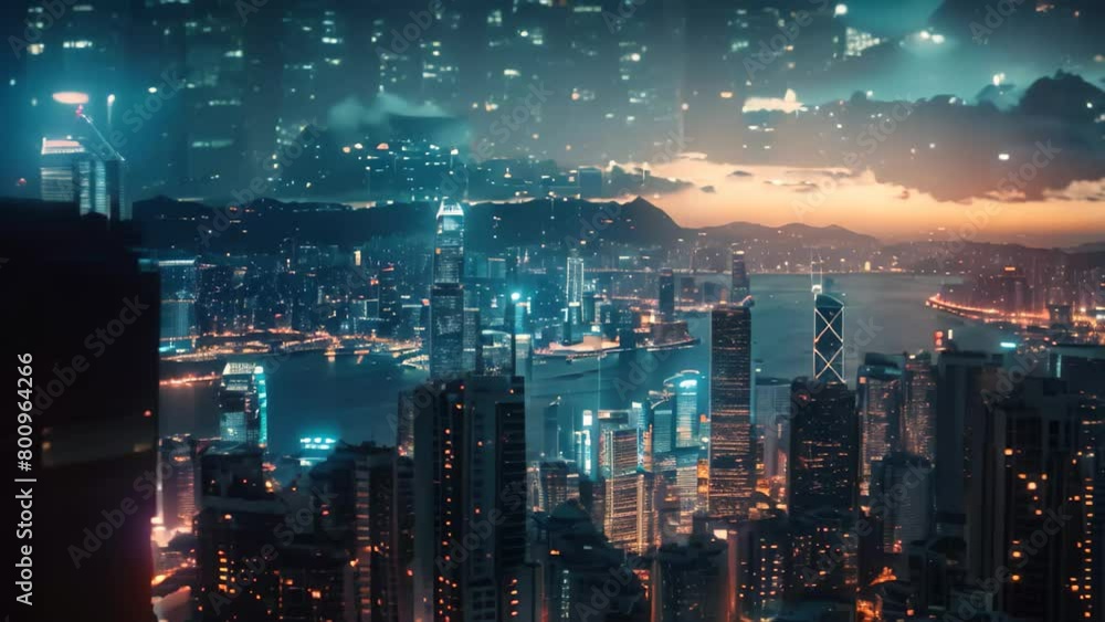 A captivating cityscape photograph featuring a multitude of lights illuminating the night sky, A futuristic city powered and operated through blockchain technology A captivating cityscape photograph featuring a multitude of lights illuminating the night sky, A futuristic city powered and operated through blockchain technology