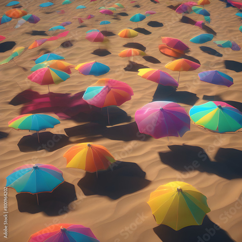 colorful beach umbrella with a cool patch of shade on the hot sand