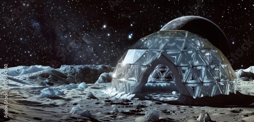 Lunar igloo under a starry sky  blending into the moon s rugged terrain.