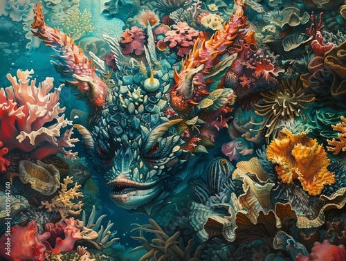 Fantastical portrayal of a demon with aquatic features  hidden in a coral reef  blending into the vibrant undersea flora and fauna