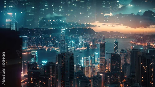 A captivating cityscape photograph featuring a multitude of lights illuminating the night sky, A futuristic city powered and operated through blockchain technology