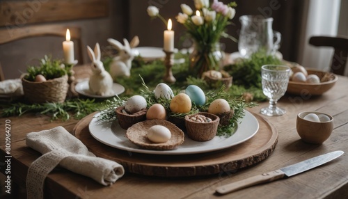 Elegant Springtime Dining Table Arrangement With Easter Decorations and Natural Elements