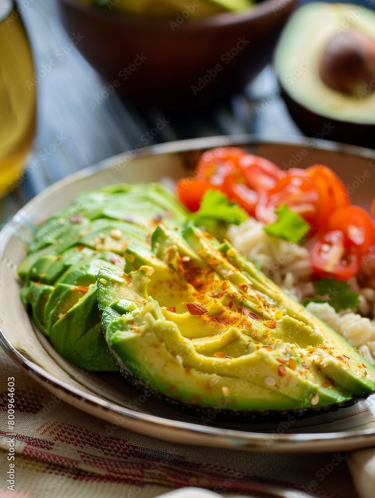 Fresh, perfectly sliced avocado fanned out on a plate with ripe tomato slices, garnished with herbs. A visually appealing and healthy dish, ideal for plant-based and nutritious meals. Fresh, perfectly sliced avocado fanned out on a plate with ripe tomato slices, garnished with herbs. A visually appealing and healthy dish, ideal for plant-based and nutritious meals.