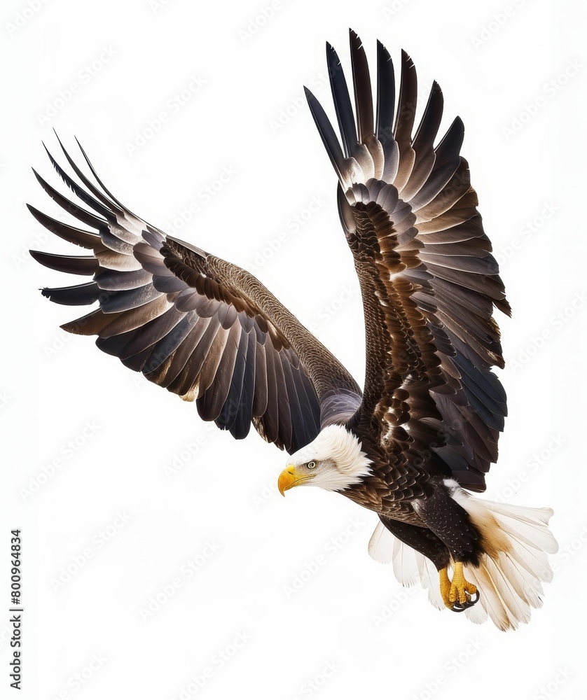 Dynamic view of a bald eagle in flight with wings spread wide against a clear background. Dynamic view of a bald eagle in flight with wings spread wide against a clear background.
