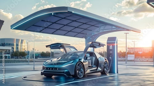 Electric Car Charging at Gas Station, A Sustainable Future Becomes Reality, A futuristic electric vehicle charging at a solar-powered station photo