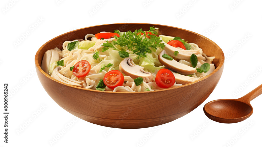 A wooden bowl overflowing with a colorful mix of pasta and fresh vegetables A wooden bowl overflowing with a colorful mix of pasta and fresh vegetables