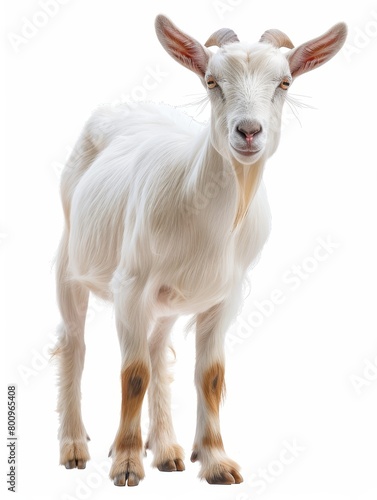 Full side view of a serene white goat with long fur and curved horns, isolated on a white background.