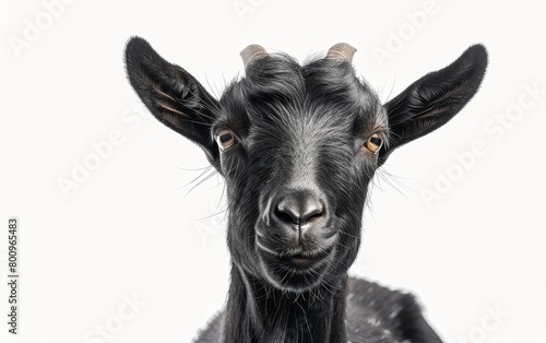 Frontal portrait of a black goat with a penetrating gaze, isolated on a white background.