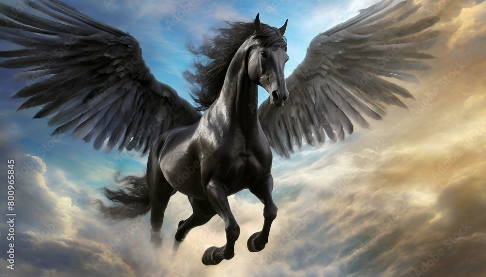 A beautiful black horse with big black wings running in the sky with its wings spread