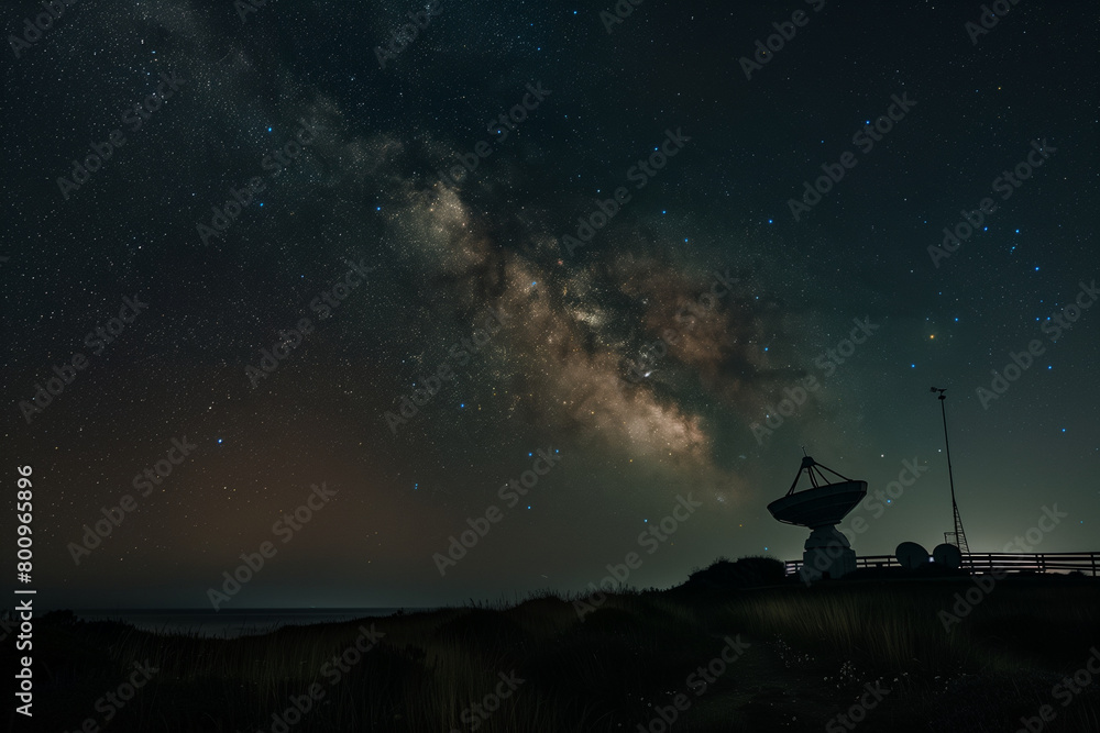 Fototapeta premium photo against the backdrop of a star-studded sky, an observatory and a satellite dish emerge from the darkness, their surroundings transformed by the ethereal glow of the night,