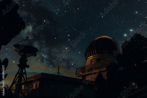 photo against the backdrop of a star-studded sky, an observatory and a satellite dish emerge from the darkness, their surroundings transformed by the ethereal glow of the night,