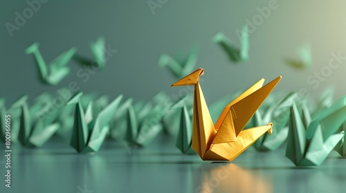 Gold Origami Phoenix Leading Emerald Flock Embodying Leadership and Courage Generative ai photo