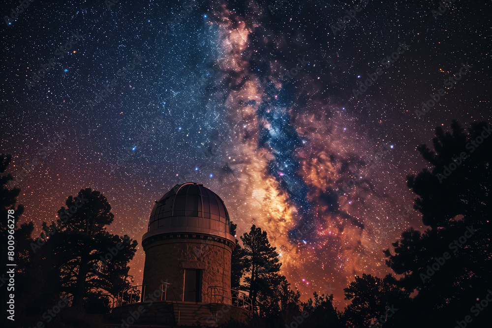 Obraz premium in the gentle glow of the Milky Way, an observatory stands as a beacon of discovery, offering a gateway to the wonders of the universe beneath the vast night sky,