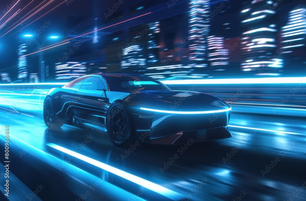 3D technology concept render. futuristic modern cars speeding on city roads at night.