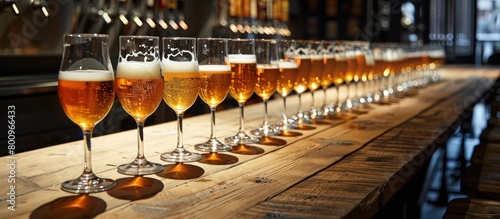 Glasses filled with beer are neatly lined up on a wooden table in a bar or nightclub