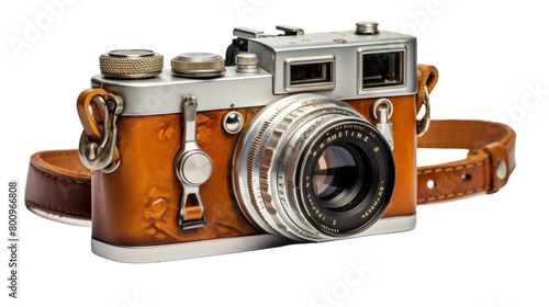 A weathered old fashioned camera with a rustic leather strap hanging in a vintage setting