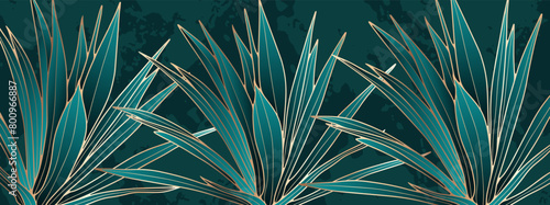 Luxurious green botanical background with tropical bushes. Golden outline of tropical plants. Vector background, wallpaper, cover, poster or banner.