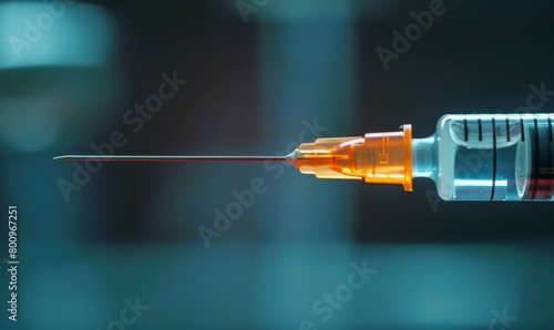 Close-up of a medical syringe tip against a dark background